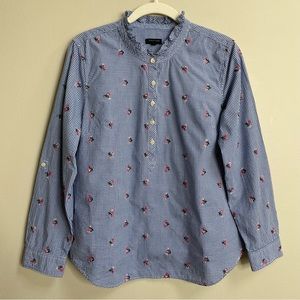 Talbots Petites Floral Embroidered Gingham Check Roll Tab Sleeve Top Size Medium
